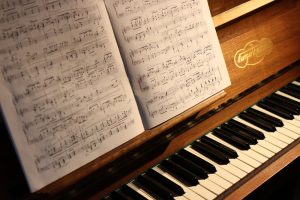 Music notes on a brown piano 