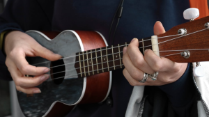  a person in blue playing the ukulele