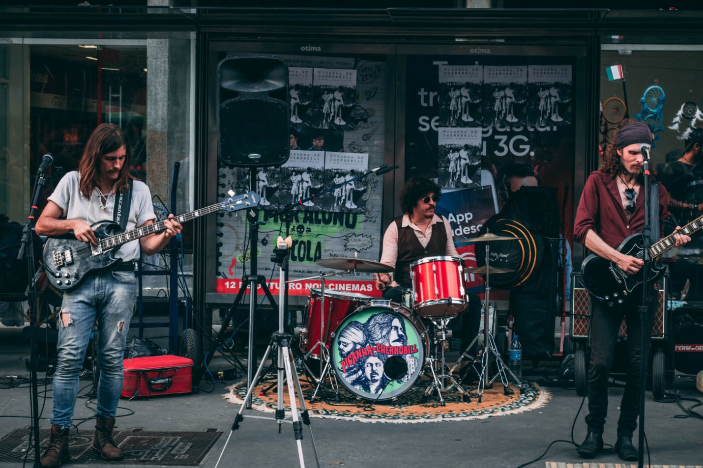 A band performing outside a building