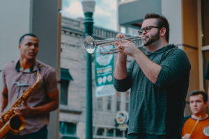 A jazz band performing in public