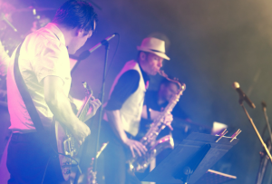 Jazz band playing at a concert.